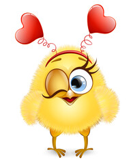 Cute cartoon little yellow chick girl winks with red hearts on headband