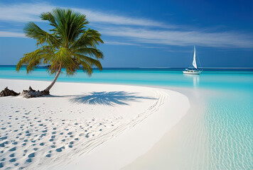 Beautiful beach on the Maldives' exotic island. Generative AI - obrazy, fototapety, plakaty
