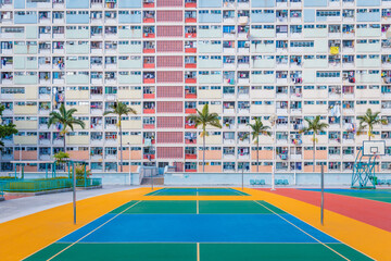 The iconic landmark in Hong Kong, Public Housing in Kowloon, Choi Hung Estate and the playground...
