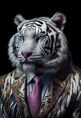 white tiger wears suit, party tiger