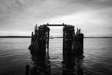 Abandoned dock infrastructure in Port Townsend, Washington on a gloomy day in the Pacific Northwest 