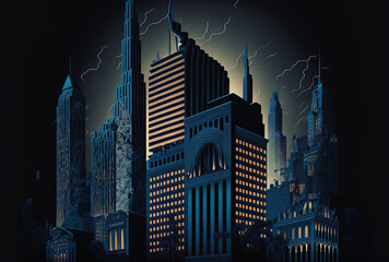 caricature of a contemporary metropolitan skyline at night. Generative AI