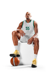 Basketball player sitting resting. Professional basketball player sitting in white background