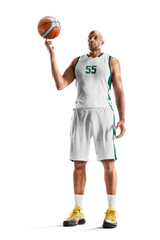 Basketball player spins the ball on his finger. Professional basketball player standing in white background © Ruslan Shevchenko