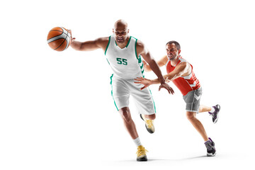 Fototapeta na wymiar Basketball. Two basketball player in motion and action. Sport emotion. Isolated in white.