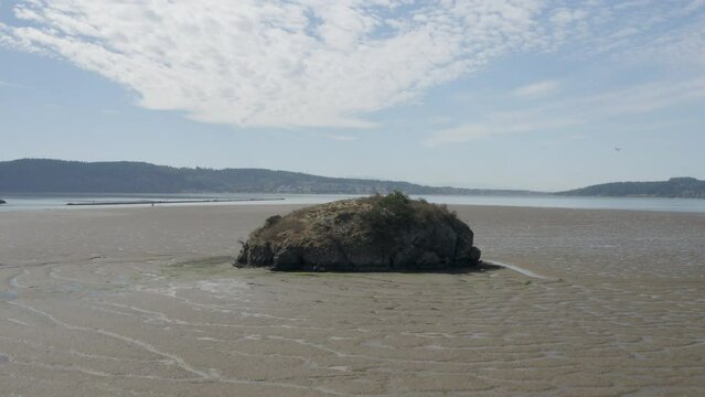Isolated Rock on Mud Flats Close-Up Flyover - Marthas Beach La Conner WA USA