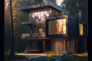 ai midjourney illustration of warm lit modern house in a forest - obrazy, fototapety, plakaty