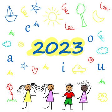 Vector of new year 2023 with handwritten letters, and children's doodles and children's drawings. 