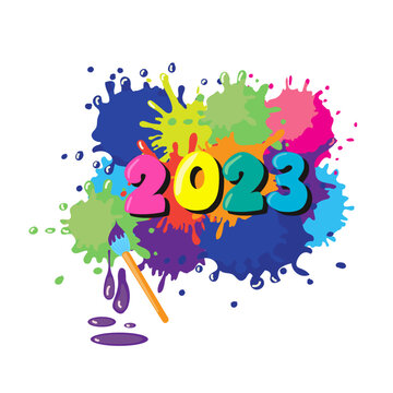 Vector of new year 2023 with round letters, on a background of multicolored splashed paint with brush.