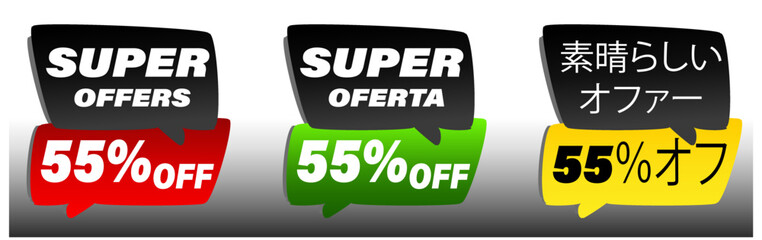 55% off offer label,promotion for sales,promotional price,special offer,in english,portuguese,and japanese