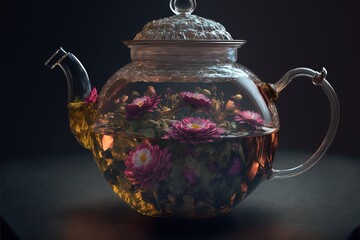 Glass teapot with blooming tea, close-up. Spring blooming flowers. Background with spring flowers. AI