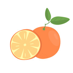 Image of an orange slice and a whole fruit with leaves on a white background