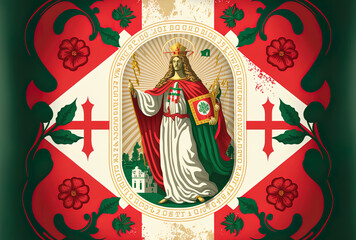 depiction of a joyful banner with the Portuguese state flag. Flag and coat of arms on a card Happy Day of the Portuguese Republic! ad for December 1st, the founding day. Generative AI