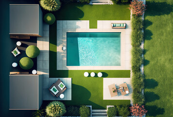 view from above of a swimming pool with steps and vacant sun loungers on green grass. private house. calming outdoor space. Generative AI