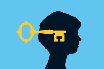 Key unlocking female head - concept of open mind