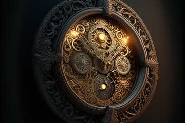Fototapeta na wymiar Antique antique watch mechanisms. Engineering mechanical background with dial and arrows, gears. AI