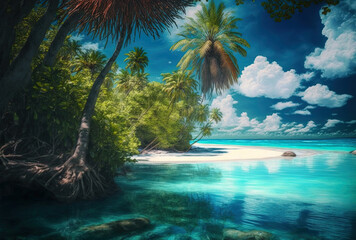 Naklejka na ściany i meble island beach of the Maldives. a tropical paradise with a lagoon and palm palms at the shore. awesome scenery. Generative AI