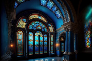 The majestic interior of an old hall with large stained-glass multi-colored windows to the floor. Antique corridor, neon, light through the windows. AI