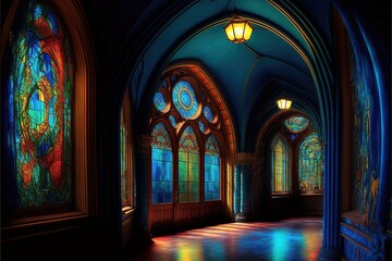 Fototapeta na wymiar The majestic interior of an old hall with large stained-glass multi-colored windows to the floor. Antique corridor, neon, light through the windows. AI