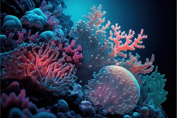 Naklejka na ściany i meble Underwater world, corals in the depths of the ocean. Sea flowers, underwater deep flora and fauna. Colorful neon corals. AI