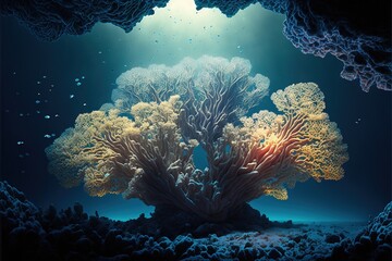 Underwater world, corals in the depths of the ocean. Sea flowers, underwater deep flora and fauna. Colorful neon corals. AI