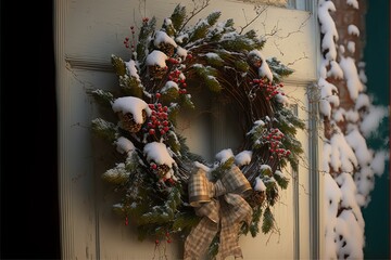 Snowy Christmas wreath with golden red silver green balls on a door and golden ribbons, covered by snow