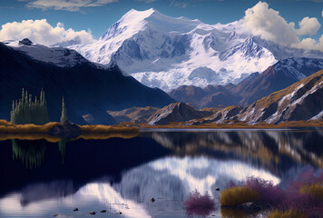 Due to its great height, the Alaska Range is always blanketed with snow. The vista from Wonder Lake is stunningly contrasted by the snow capped mountains. Generative AI