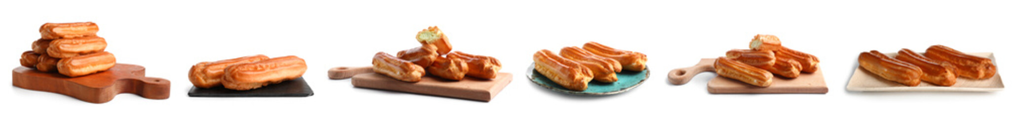 Set of sweet eclairs isolated on white