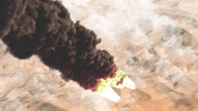 Burning Asteroid or rocket above Desert, Planet mars
Aerial view over burning meteor or rocket flying over the clouds, Cinematic view,2022,global extinction threat concept, 2022
