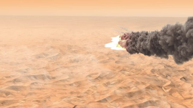 Large Burning Asteroid or rocket above Desert, Planet mars
Aerial view over burning meteor or rocket flying over the clouds, Cinematic view,2022,global extinction threat concept, 2022
