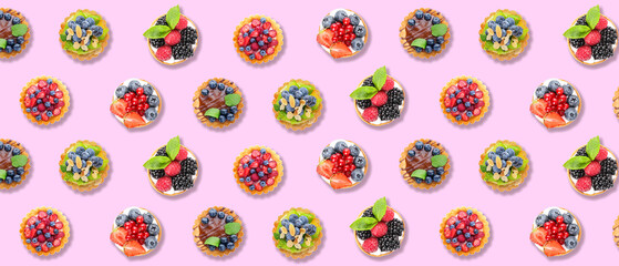 Different sweet pastries with fruits and berries on color background. Pattern for design