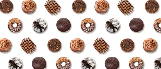 Different sweet chocolate pastries on white background. Pattern for design