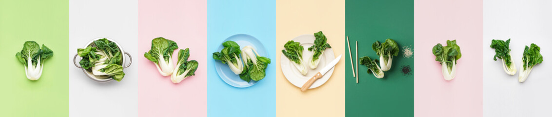 Fresh pak choi cabbage on color background, top view