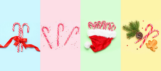 Collage of sweet candy canes with cookies and Christmas decorations on color background, top view