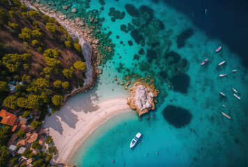 Aerial image of the blue beaches at Selce and Poli Mora in Croatia's Crikvenica Riviera. Generative AI - obrazy, fototapety, plakaty