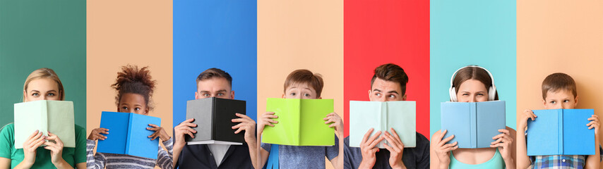 Set of different people reading books on color background