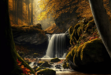 Autumnal scene with a waterfall in the forest. Generative AI