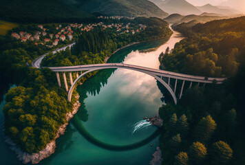 Beautiful early morning picture of Montenegro's Djurdjevica Bridge across the Tara River. Beautiful nations in the Mediterranean region. aerial perspective. Generative AI - obrazy, fototapety, plakaty
