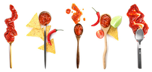 Collage of spoons with tasty salsa sauces and nachos on white background - obrazy, fototapety, plakaty