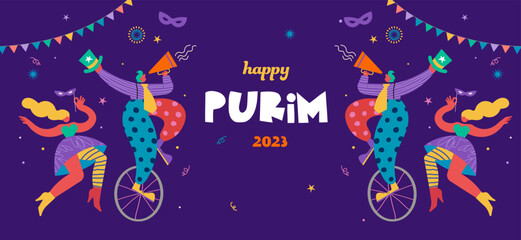 Happy Purim - Jewish holiday, Carnival. Colorful geometric background with abstract people, clowns, musicians, dancers