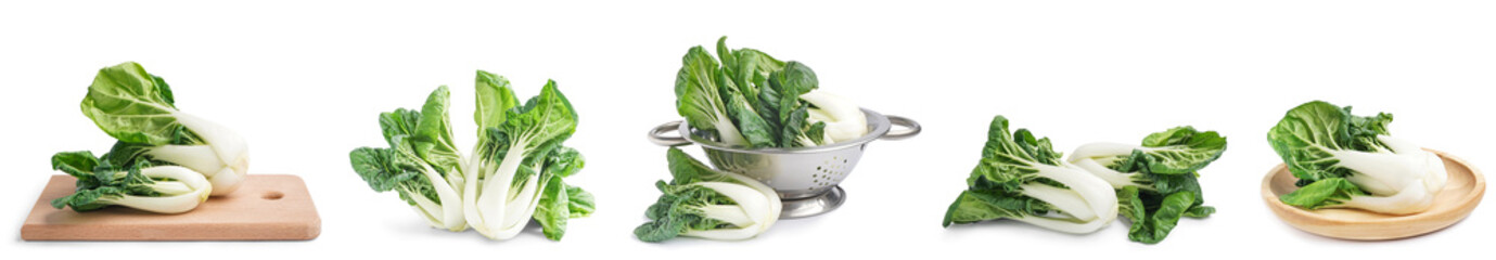 Collage of fresh pak choi cabbage on white background - obrazy, fototapety, plakaty