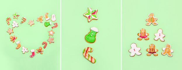 Collage with different Christmas cookies on green background