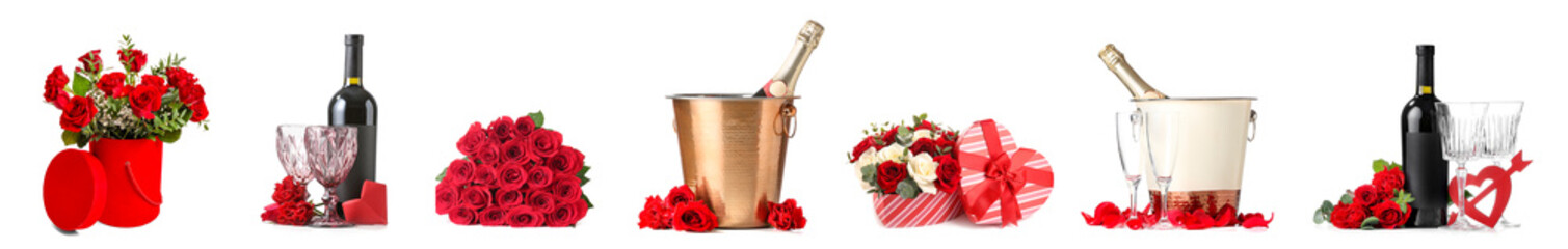 Set of beautiful rose flowers and wine isolated on white. Valentine's Day celebration