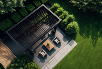 Modern black bio climatic pergola with top view on an outdoor patio. Teak wood flooring, a pool, and lounge chairs. green grass and trees in a garden. Generative AI - obrazy, fototapety, plakaty