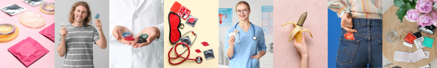 Collage of gynecologist, young people and different types of contraception