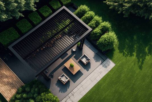 Modern black bio climatic pergola with top view on an outdoor patio. Teak wood flooring, a pool, and lounge chairs. green grass and trees in a garden. Generative AI