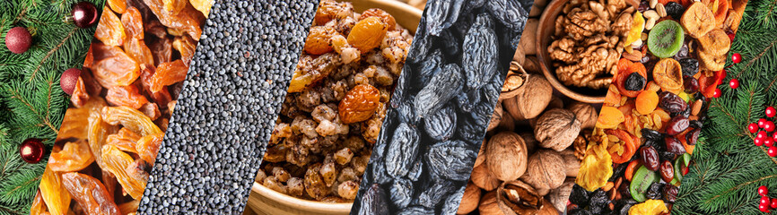 Collage of tasty kutya dish with ingredients and Christmas decorations, closeup