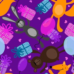 Cartoon festive animals seamless fox and bears and bunnies pattern for kids clothes print and fabrics and linens