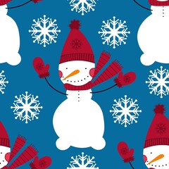 Winter seamless snowman and snowflakes pattern for Christmas wrapping paper and kids notebooks