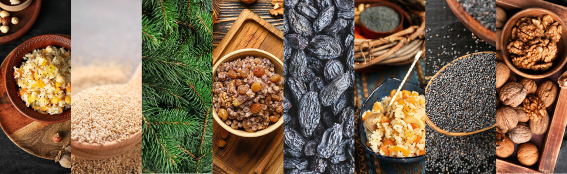 Collage of tasty kutya dish with ingredients and Christmas tree, closeup
